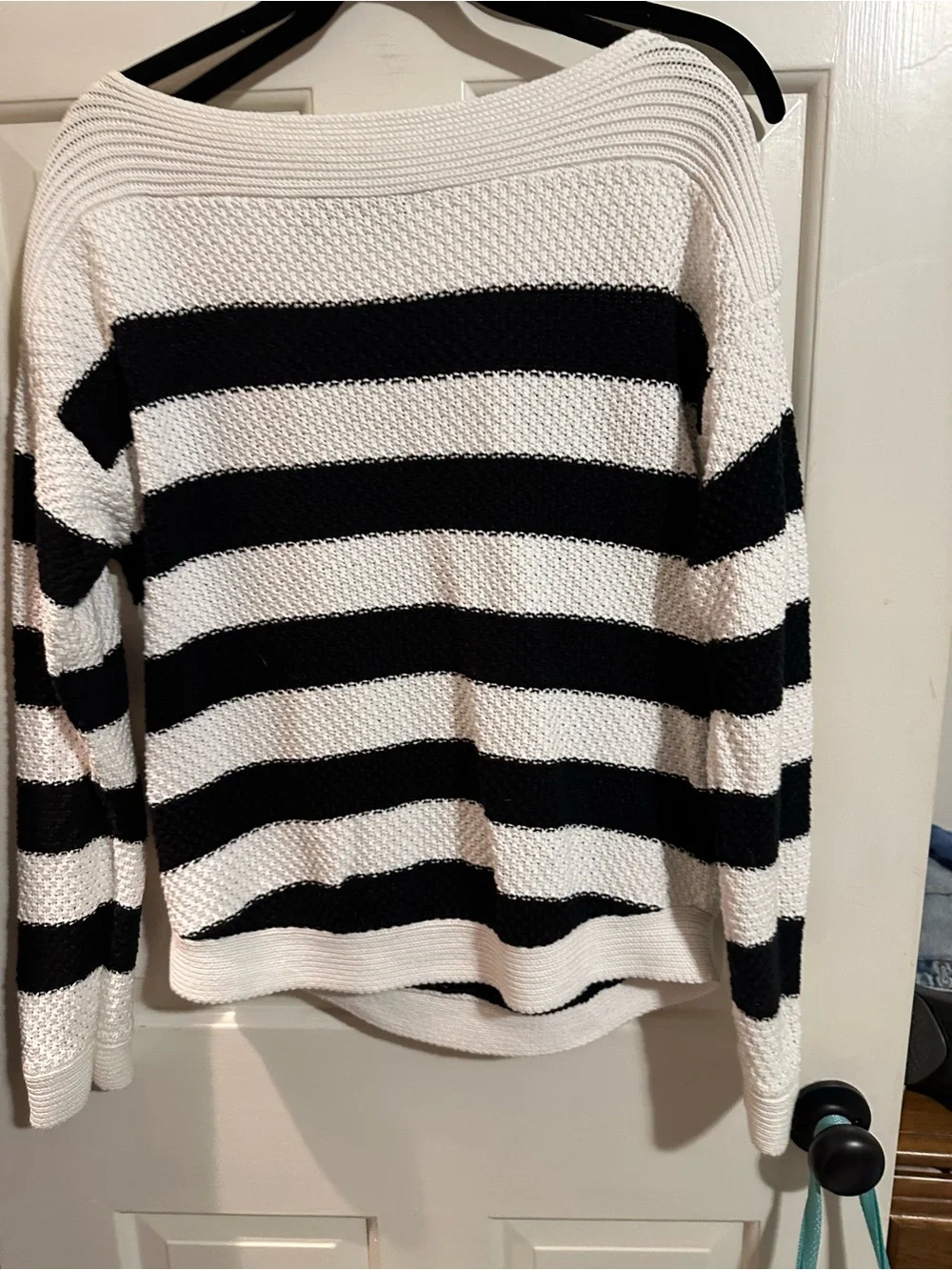 Ralph Lauren Black and White Striped Boatneck Knit Sweater. Large